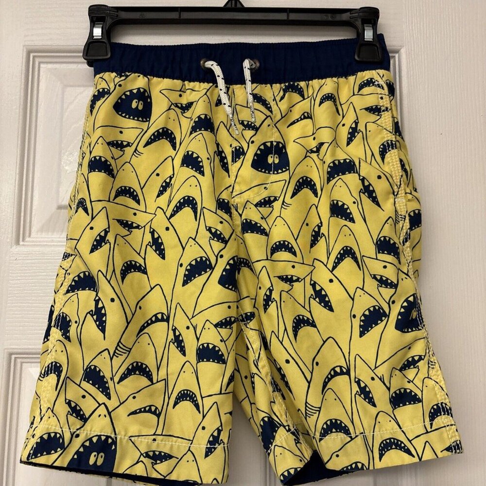 Gap Boys Board Shorts Yellow Blue Sharks Pockets Drawstring Swim Trunks S